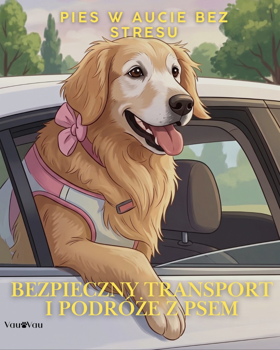 Okładka e-booka Pies w aucie bez stresu — golden retriever w samochodzie